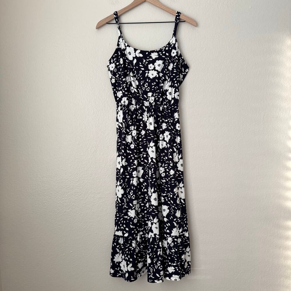 French Grey Womens Blue White Midi Dress Trumpet Flowy Elegant Strap Size Medium
